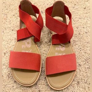 Sorel Red Strappy Flat Sandals with Crisscross Elastic